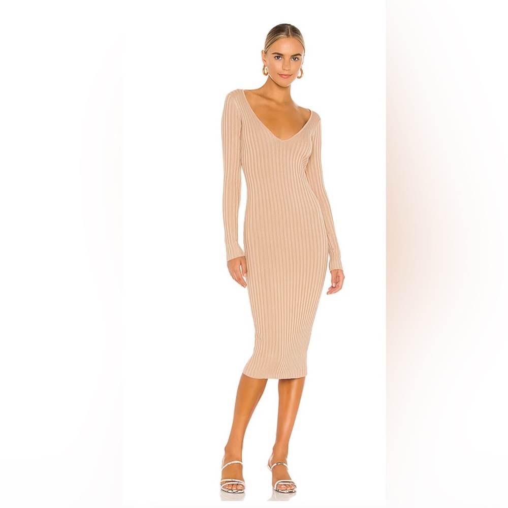 Tan NBD ribbed midi dress